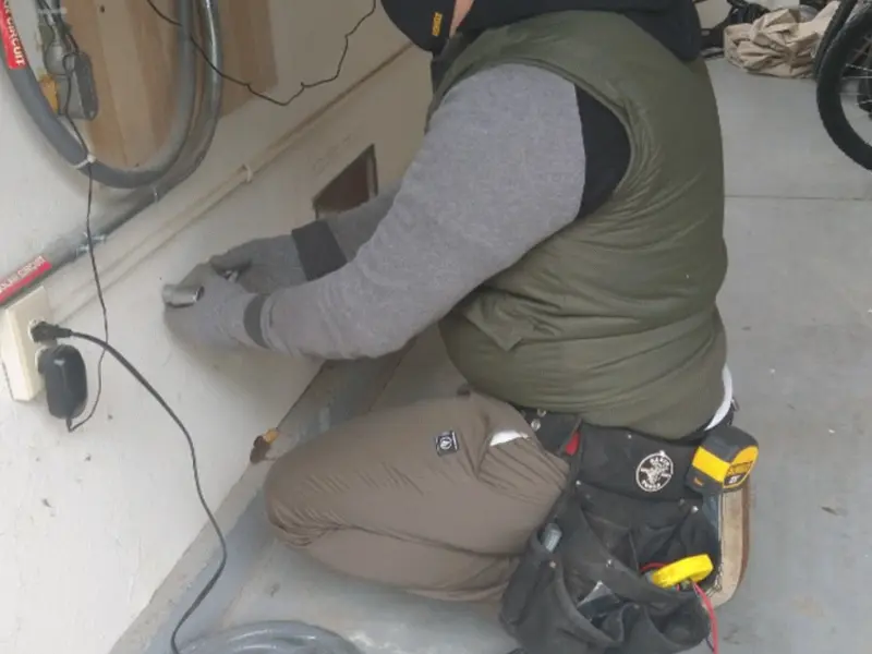 Electrician performing outlet wiring in a Park Forest garage